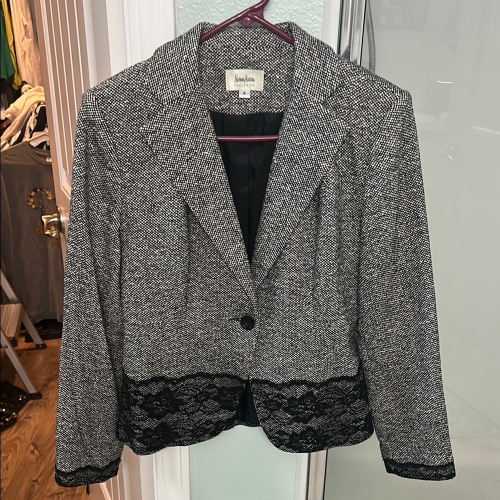 Neiman Marcus Black and Gray Blazer with Lace Trim